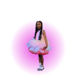 Young girl showing off colourful high fashion dress