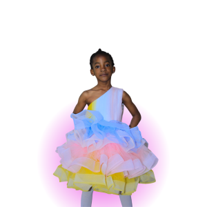 Young girl in a violets content colourful poofy dress
