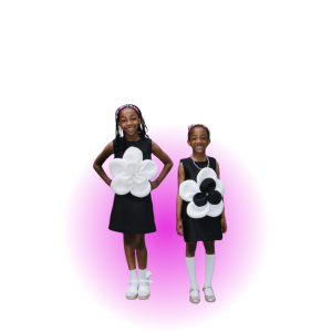 Young girls showing off high fashion Violets content dresses