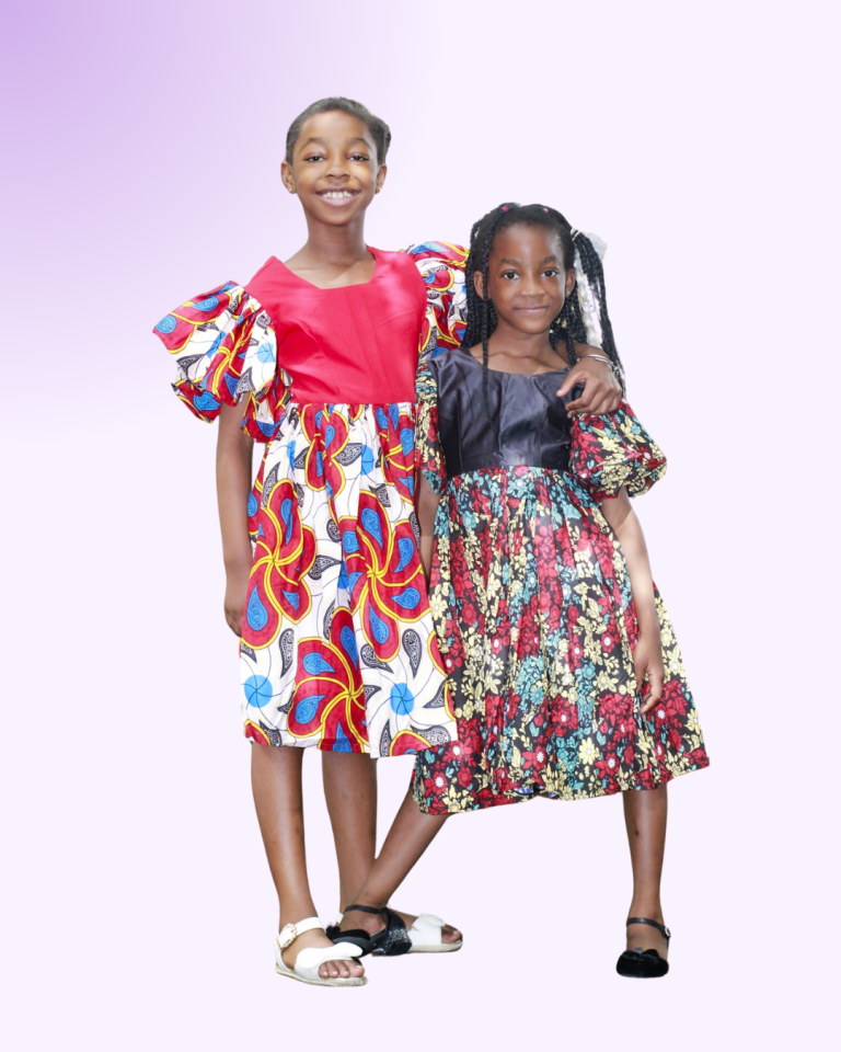 Preteen girls showcasing violets contents African dresses in a photoshoot